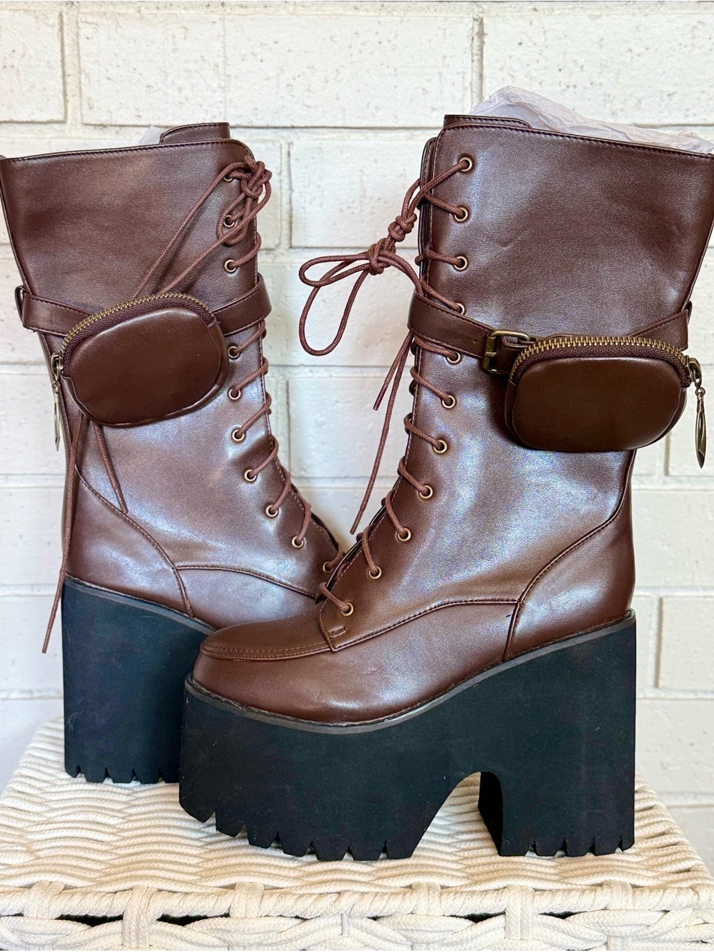 Dolls Kill Coffee Grand March Pocket Platform Boots